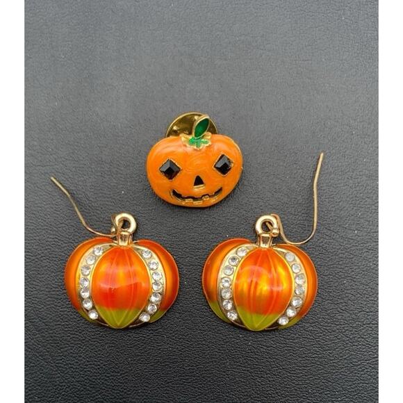 Halloween Jack-o-lantern / Pumpkin Lot Of Dangle Earrings & Tac Pin Brooch - Picture 1 of 4